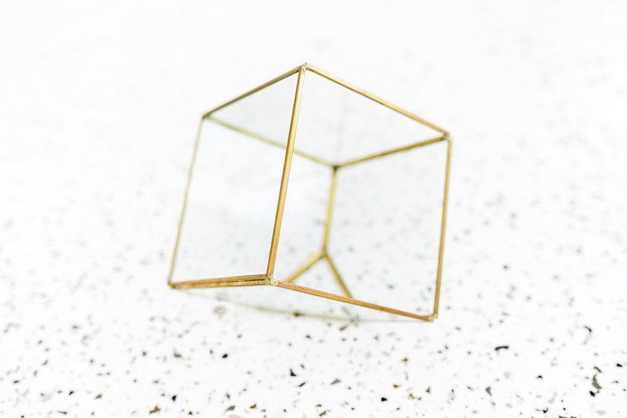 Multifaceted Glass Heptahedron Terrarium with Gold Metal Accents