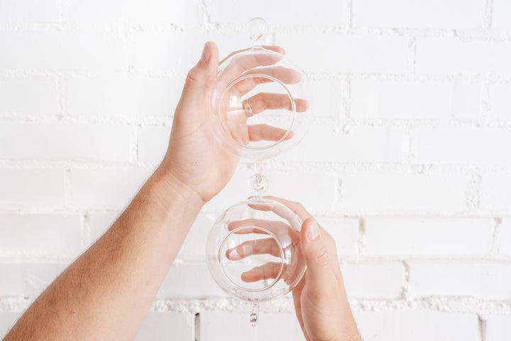 Hands Holding 2 Double Hook Clear Glass Globe Terrariums Connected to One Another