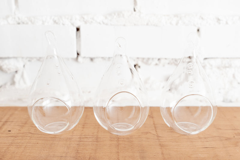 3 Teardrop Clear Glass Terrariums with Loop for Hanging