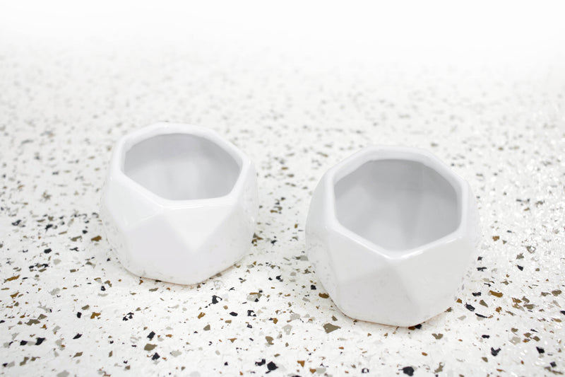 2 White Geometric Ceramic Containers